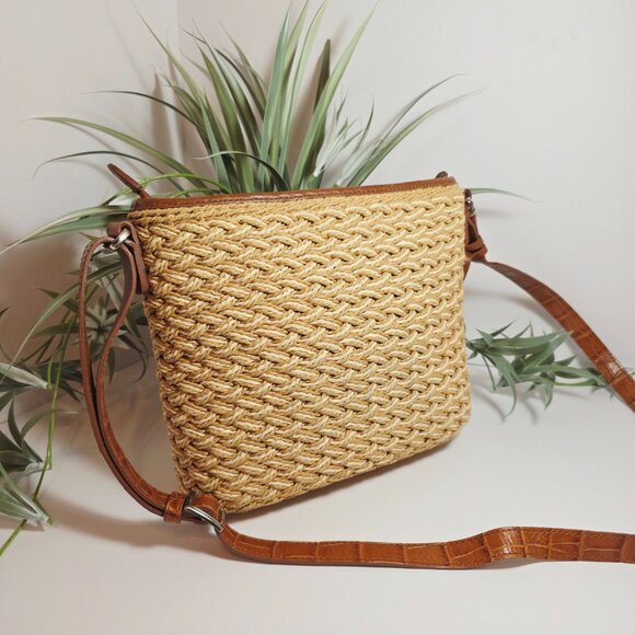 Brighton Woven Straw & Brown Leather Crossbody Bag - Picture 4 of 13